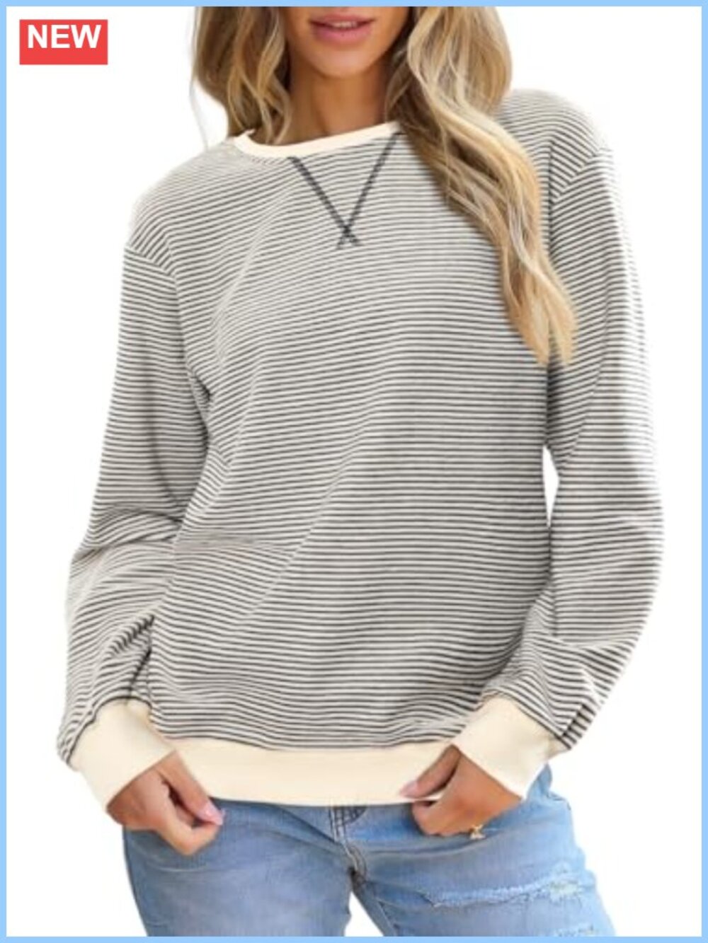 Striped Crew Neck Loose Fit Pullover Sweatshirt Long Sleeve Tunic Top